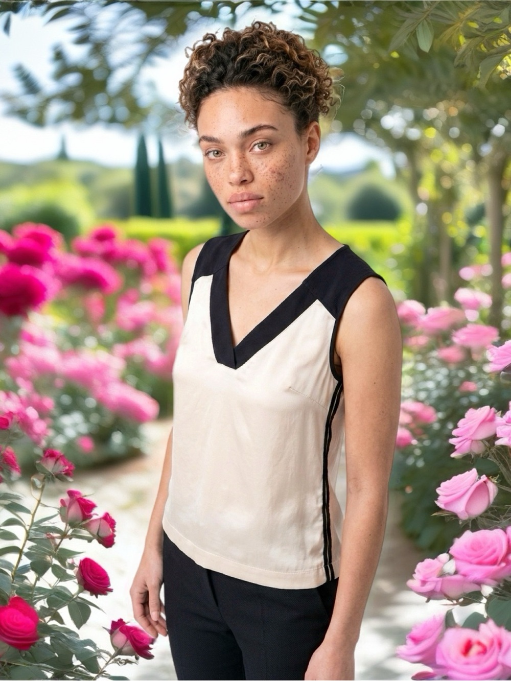 Two-Tone V-Neck  Tank Top in Cream and Black